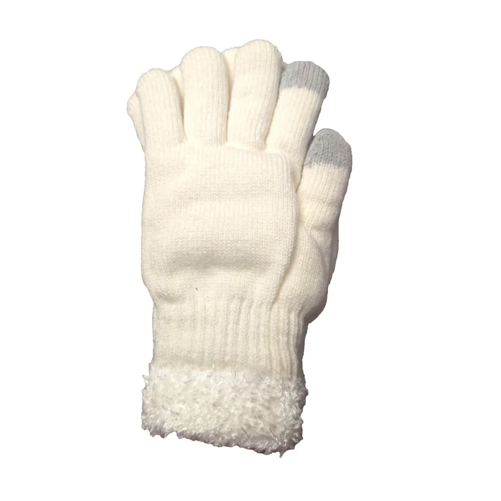 On 34th Ivory Rib Stitch Fuzzy Cuff Cream & Gray Knit Gloves Sz One Size NWT
